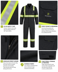 Navy Blue Lime Yellow Hi Vis Spandex <b>Waterproof</b> Industrial Work Coverall Heavy Duty Mechanic <b>Overall</b> Cargo Pockets Hidden Snap - Product Image 3