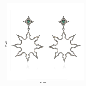 Boucles d'oreilles fines faites à la main en argent 925 oxydé avec diamants naturels pavés et émeraudes - Product Image 1