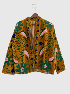 Veste en velours brodée à la main avec des motifs floraux, manches longues, col montant, taille plus, vêtements d'automne pour femmes - Product Image 1