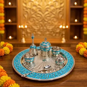 Juego de Thali de Lujo Plateado en Plata con Turquesa Azul, con Bandeja Decorativa Ornamentada, Tazones, Cuchara y Accesorios Rituales - Product Image 4