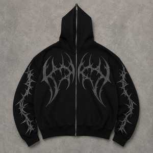 Sudadera con capucha y cremallera para hombre, estilo gótico casual de invierno, negra con estampado geométrico plateado, lavado ácido, impresión digital, corte regular, estilo francés. - Product Image 1