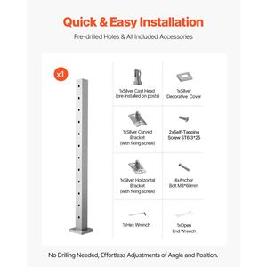 Confezione da 1: Montanti per ringhiera a cavo in acciaio inossidabile da 42x2x2 pollici, pre-forati, per ringhiere a cavo e dispositivi di assistenza - Product Image 6