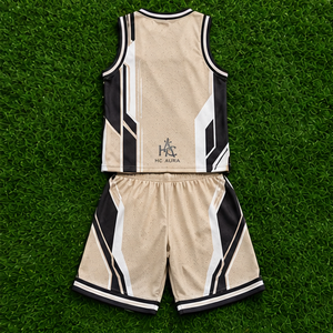 Ensemble d'uniformes de basketball unisexe tendance, beige et noir, sublimé, col en V, sans manches, anti-humidité, coupe athlétique, logo personnalisé - Product Image 4