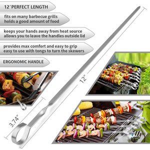 "12" Stainless Steel Metal Kebab Skewers for Grilling <b>BBQ</b> Barbecues-Reusable Flat Long <b>BBQ</b> Tools" - Product Image 3