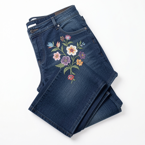 Women's Dark Blue Skinny <b>Denim</b> Jeans with Floral Print Embroidery Stonewashed Vintage Casual Summer Eco-Friendly <b>Stretch</b> - Product Image 5