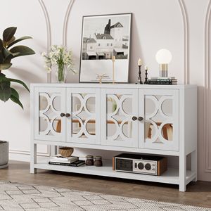 Elegante Consolle Retrò con Ripiani Spaziosi e Gambe in Legno di Acacia Resistente per Soggiorno, Mobile Contenitore o Credenza con Ante a Specchio - Product Image 1