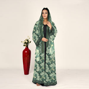 Abaya de Chifón con Estampado Botánico, Bufanda Drapeada, Abertura Frontal, Manga Larga, Vestido Islámico Modesto para Mujer, Largo hasta el Suelo, para Oración del Eid - Product Image 3