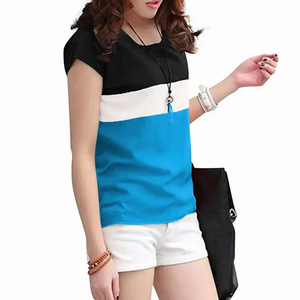 Camiseta de Manga Corta con Bloques de Color para Mujer 2026, Cuello Redondo, Corte Regular, Algodón Jersey, Informal, para Primavera/Verano, en Venta - Product Image 1