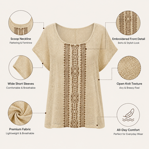 Tunique bohème beige pour femme, broderie géométrique, manches courtes, en coton, décontractée, pour l'été, la plage, les vacances, les festivals, coupe ample - Product Image 5