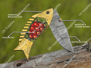 Cuchillo de bolsillo plegable multiusos de acero de Damasco grabado con mango de latón y madera, estilo pez, con funda, para exteriores, EDC, cuchillos utilitarios OEM - Product Image 5