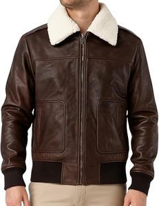 Men's Classic Brown Vintage Coated Leather Flight Bomber <b>Jacket</b> with Stand Collar and Front Logo - Product Image 1