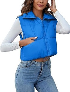 Chaleco Acolchado sin Mangas para Mujer, Cuello Alto, Color Azul, Cierre de Cremallera, Ropa Exterior Informal, Relleno 100% Poliéster - Product Image 3