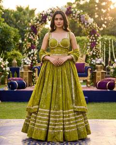 Ensemble Lehenga Malaika Chaniya Choli en pur coton, coupe ample, longueur ras du sol, style ethnique, avec dentelle miroir évasée de 8 mètres, pour Navratri - Product Image 4