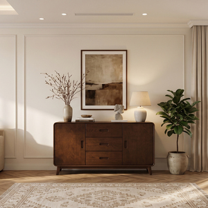 Midcentury Modern Natural <b>Oak</b> Living Room Cabinet 3 Drawer 2 Flat Panel Door <b>Shelf</b>-Free Storage Sideboard Console Furniture - Product Image 2