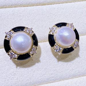 Pendientes de Perlas de Agua Dulce Naturales de Zhuji, Estilo Vintage de Alta Calidad, Circonita Negra Retro con Esmalte, Versátiles - Product Image 3