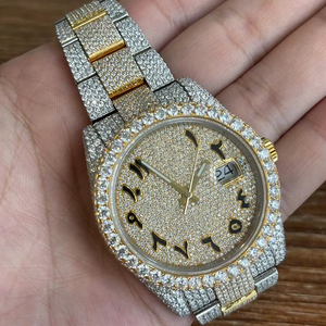 Montre de luxe en moissanite sertie de diamants, cadran doré, chiffres arabes, bracelet bicolore, style hip-hop, montre à l'aspect diamant - Product Image 3