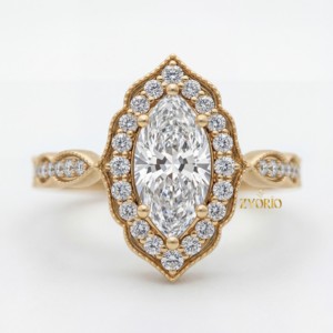 Marquise Cut Halo Ring 10K Gold Vintage Style Engagement Ring Milgrain Diamond Ring Elegant Gift for Her - Product Image 6