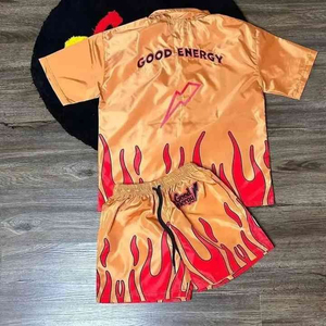 Luxury <b>Flame</b> Print Nylon Short Set Men Summer Tracksuit Zip Up <b>Shirt</b> Beach Outfit Hip Hop Streetwear Vintage Graphics Nylon Set - Product Image 2