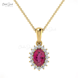 Wholesale Products Halo Pendant Oval Cut 6x4mm <b>Pink</b> Tourmaline Drop Pendant in 14k Fine Gold Diamond Custom Pendant Jewelry - Product Image 1