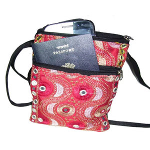 Elegant Mirror & Zari Embroidery Border Mobile & <b>Coin</b> Bag with Floral Design Fancy Handmade Ethnic Style Pouch for Women Girls - Product Image 1