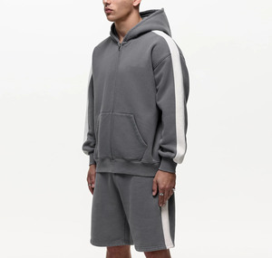 Hoodie boxy à double fermeture éclair personnalisé en mélange de coton épais 450 g/m² – Hoodie court en molleton bouclette pour homme avec fermeture éclair - Product Image 2