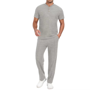 Men's Gray Short Sleeve Button Up Collar T-Shirt With Matching <b>Pants</b> Solid Color Casual Wear Summer Lightweight Cotton Tracksuit - Product Image 1