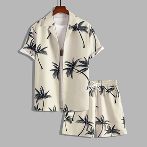 Ensemble décontracté homme été Hawaï tendance imprimé 100% fibre de bambou écologique tissé 370g – Short et chemise motif palmier floral plage - Product Image 3