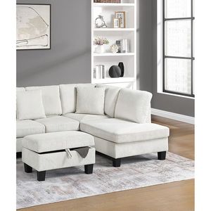 Set Divano Sezionale Moderno 3 Pezzi con Chaise Longue e Pouf Contenitore in Corduroy Beige con Cuscini per Soggiorno - Product Image 4
