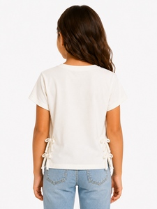 Camiseta Blanca con Lazo Lateral para Niñas, Top Informal de Algodón de Manga Corta, Camiseta Suave y Cómoda para Uso Diario, Ropa Elegante para Niñas - Product Image 3