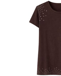 Camiseta de Algodón para Mujer, Color Marrón Oscuro, con Pedrería, Estilo Casual, Manga Corta, Verano, Moda, Logotipo Personalizado, Fabricante OEM, Venta al Por Mayor - Product Image 3