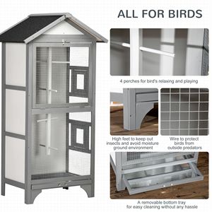 Gabbia per Uccelli da Esterno XL in Legno Grigio Chiaro con 4 Posatoi e Vassoio Rimovibile per Facile Pulizia, Gabbia per Animali di Taglia Media - Product Image 5