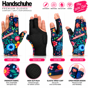 Gants de snooker les plus vendus, motif floral, demi-doigts, unisexe, en polyester, imprimé numérique, fermeture auto-agrippante - Product Image 3