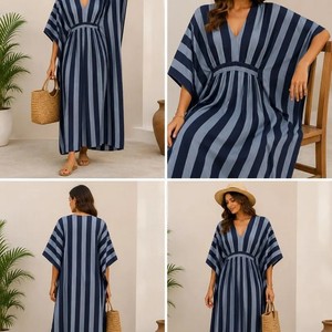 Robes Kimono Décontractées Longues à Rayures Col V pour Femmes, Douces, Respirantes, Tissées, Tenue d'Intérieur d'Automne, Taille Élastique Trois Quarts - Product Image 5