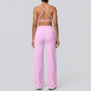 Conjunto de Pantalones Acampanados para Mujer, 3 Piezas, Top Deportivo con Cintura Elástica, Camiseta Deportiva, Ropa de Gimnasio Personalizada de Alta Calidad - Product Image 4
