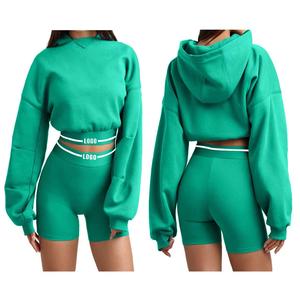 <b>High</b> Quality Wholesale New Design Custom Logo Casual Above <b>Knee</b> Full Zip Cotton Women's 2 Piece Shorts Set - Product Image 4