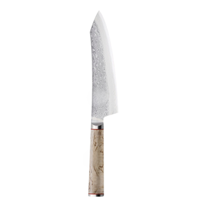 Couteaux Santoku beige-brun avec manche, lame à motif ondulé argenté et anneau d'accentuation rouge pour couper les légumes, hacher et préparer les aliments - Product Image 1