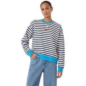 Custom <b>Womens</b> Navy <b>White</b> Striped <b>Sweatshirt</b> Turquoise Crew Neck Cuffs Hem Long Sleeve Boxy Fit Wholesale Casual Pullover Apparel - Product Image 3