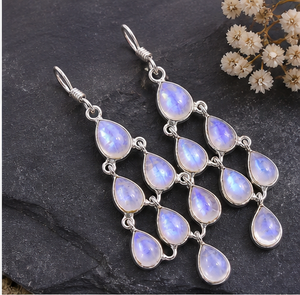 Rainbow Moonstone Chandelier <b>Earrings</b>, Pear Cut Moonstone <b>Dangle</b> <b>Earrings</b>, <b>Sterling</b> <b>Silver</b> Multi Drop <b>Earrings</b>, Boho Bridal - Product Image 1
