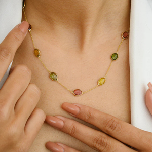 18K Gold Tourmaline Gemstone Station <b>Necklace</b>-IGI Certified Link <b>Chain</b> - Product Image 1