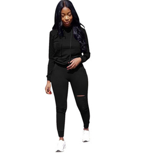 Ensemble de survêtement pour femme, sweat-shirt à capuche bleu marine, manches longues, couleur unie, style sportif, leggings déchirés, coupe ajustée, toutes saisons - Product Image 6
