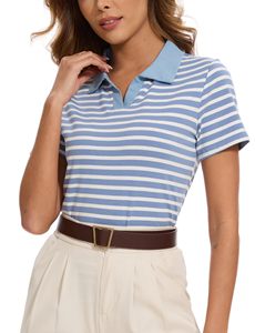 Camiseta polo para mujer, elegante, con ribete en contraste, tela de malla transpirable, ligera, informal, deportiva, de diseño. - Product Image 3