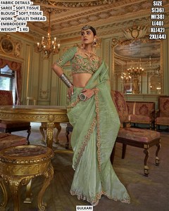 Yellow Royale <b>Tissue</b> Saree for <b>Wedding</b> & Diwali-Wrinkle Free & Moisture Wicking - Product Image 3