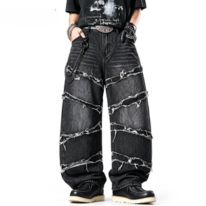 Jeans de Mezclilla Negros Lavados Estilo Gótico Y2K de Pierna Ancha y Corte Regular para Hombre, Cintura Media, 100% Algodón, Pantalones de Estilo Urbano - Product Image 1