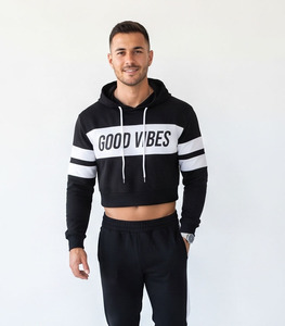 <b>Men</b> Cropped Pullover Hoodie <b>Top</b> Oversize 100% Cotton Fleece Loose Fit Hood <b>Men</b> Streetwear <b>Crop</b> Printed Hoodies <b>Men's</b> - Product Image 2