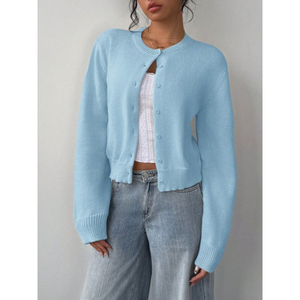 <b>Women's</b> <b>Cropped</b> <b>Cardigan</b> Long Sleeve O-Neck Button Front Knit Sweater Casual Winter Wear 100% Acrylic Flat Knitted - Product Image 6