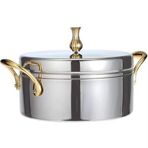 Marmite de service en acier inoxydable martelé avec poignées et couvercle dorés, chauffe-plats de luxe pour buffet d'hôtel - Product Image 1