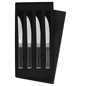 Juego de 4 cuchillos para carne de acero de Damasco, hojas afiladas para rebanar con mangos de madera Pakkawood negra, caja de regalo para cortar carne de res y cenas. - Product Image 1