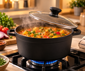 Cocotte en fonte noire avec couvercle en verre et doubles poignées, ustensile de cuisson robuste pour la maison, l'hôtel, le restaurant, compatible avec tous les types de cuisinières - Product Image 1