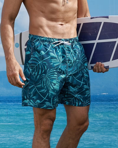 Men's Tropical Print Board Shorts Mid Waist Drawstring Quick Dry Casual Swimwear for Beach Activities - Product Image 1