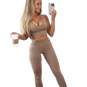 Vêtements de yoga en tricot sans couture pour femmes, ensemble de pantalons de yoga taille haute et liftants, haute élasticité et confortables - Product Image 3